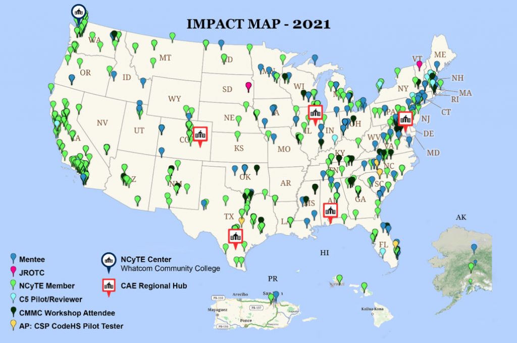 All institutions NCyTE has collaborated with, reflecting total national cybersecurity efforts associated with NCyTE and WCC