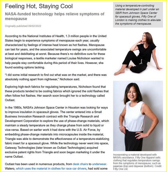 Screenshot of the Fifty One company and project with menopause clothing that is based on the NASA phase change material technology. Image is from the NASA Spinoff website.