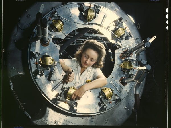 Part of the cowling for one of the motors for a B-25 bomber is assembled in the engine department of North American [Aviation, Inc.]'s Inglewood, Calif., plant digital file from original transparency. Palmer, Alfred T., photographer. Created / Published 1942 October. In honor of Women's History Month.