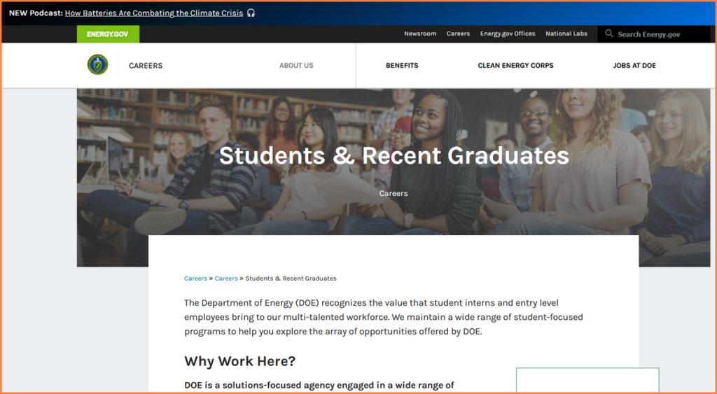 Screenshot of Dept of Energy DOE Student and Recent Graduates career page.