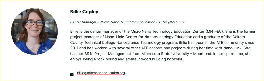Short Bio: Billie Copley, MNT-EC Center Manager