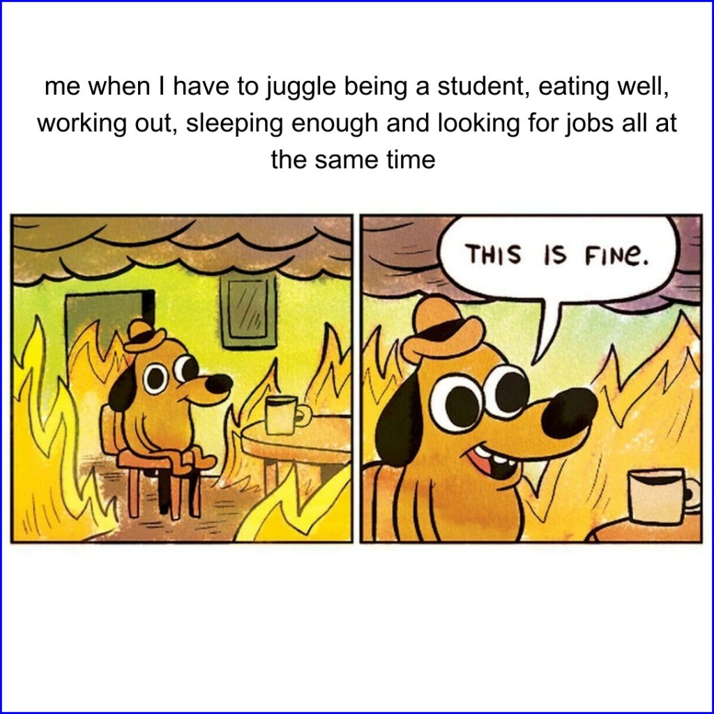 Meme of "This is Fine" dog in room with burning fire -- focus is on students juggling a lot of tasks in community college.