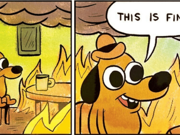 close up of Meme of "This is Fine" dog in room with burning fire -- focus is on students juggling a lot of tasks in community college.